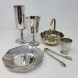 A George V silver pierced bowl, Birmingham 1936, 3.8 ozt, a silver plated entree dish and other