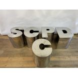 A set of five chrome stools, in the form of letters, D, C, B, C, and S, 45 cm high (5)