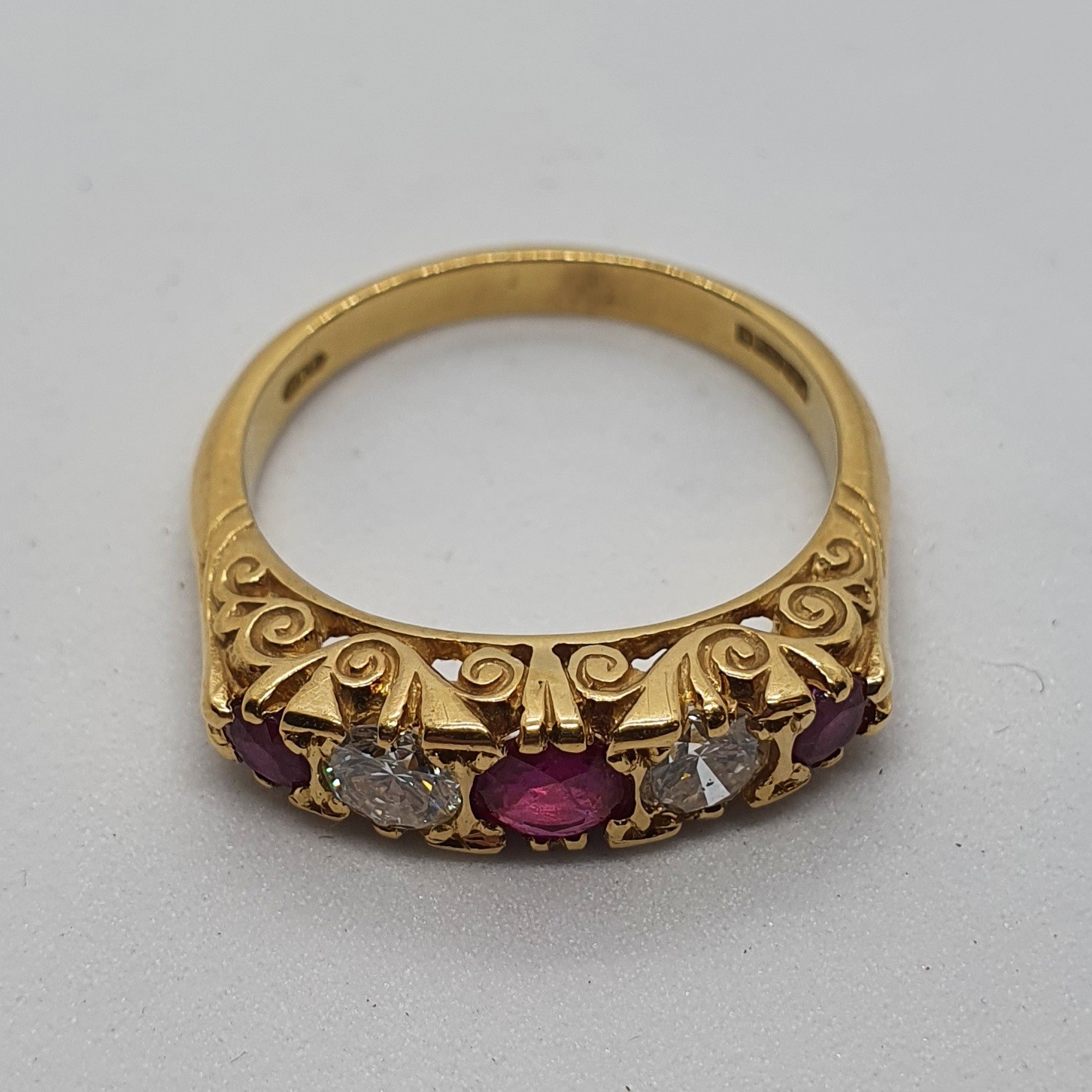 An 18ct gold, diamond and ruby five stone ring, ring size P 1/2 5.8 g all in overall condition - Image 2 of 4