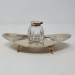 A silver ink stand, with cut glass well, Birmingham 1939, 20 cm wide tray 4.2 ozts