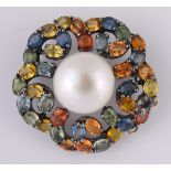 An 18ct gold, cultured pearl and multicoloured sapphire brooch, 3 cm wide