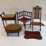 A 19th century ebonised bobbin turned corner chair, two other chairs, two stools and various warming