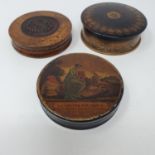 A 19th century snuff box, the lid decorated print of a lady and a goat, 9 cm wide, a treen snuff box