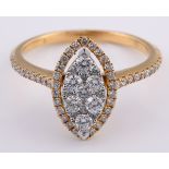 An 18ct gold marquise shape diamond cluster ring, ring size K 55 points