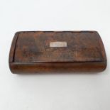 A 19th century fruitwood cigar box , 15 cm wide One metal plaque engraved with name reading K