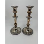 A silver plated oval tray, a pair of candlesticks and various other silver plate (box)