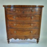 A 19th century mahogany bow front chest, having two short and three long drawers to turned feet, 122