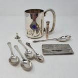 A silver mug, a card case, perfume bottle, miniature funnel and five tea spoons, various dates and