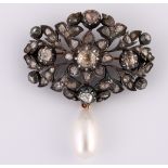 A yellow coloured metal, diamond and cultured pearl brooch