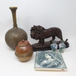 A Lipton's souvenir tea caddy, a plaster figure of a lion and various other items (box)