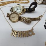 A 9ct gold necklace, reading BERNICE and various costume jewellery The BERNICE necklace is 3.3 g,9ct