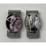 A silver and enamel money clip, decorated a nude, and another (2) This is a modern copy