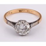 A platinum, 18ct gold and diamond solitaire ring, approx. 1.25ct, ring size N with copy of insurance