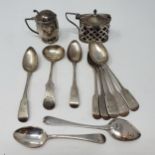 Assorted silver spoons, and two silver mustard pots, 7.8 ozt (12)