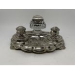 A Victorian silver ink stand, with cut glass inkwell, London 1875, weighable silver 22.7 ozt English