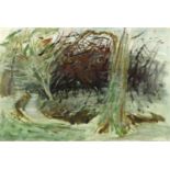 John E Blake, a woodland scene with a path, mixed media, signed on the frame, 50 x 75 cm