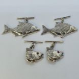 A pair of modern silver cufflinks, in the form of fish, and another pair (4)