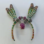 A silver and plique a jour mosquito brooch, set with rubies and marcasite