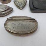 A 19th century silver plated snuff box, the lid engraved THS Wilson, 1878, 8.5 cm wide , and eight