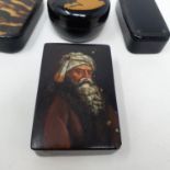 A 19th century snuff box, top painted bearded man, 9 cm wide, a faux tortoiseshell snuff box 8 cm