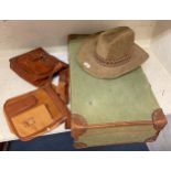 A Beco hat, two leather bags and a canvas suit case (4)