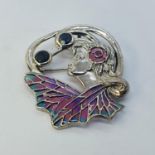 A silver plique a jour flora lady brooch/pendant