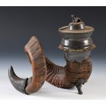 A 19th century rams horn and pewter table snuff mull, the finial in form of a greyhound, 25 cm