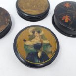 A 19th century papier mache box, the lid painted a lady, 9 cm diameter, and three other boxes (4)