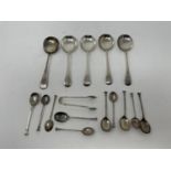 A set of five George V Old English pattern soup spoons, Sheffield 1933, and various teaspoons, 12.