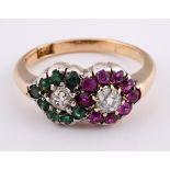 A 19th century 18ct gold, ruby, emerald and diamond double cluster ring, ring size L