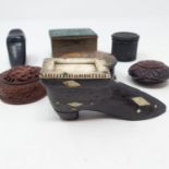 A 19th century treen and bone snuff box, in the form of a shoe, 9 cm wide, a treen snuff box in
