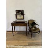 A 19th century mahogany folding card table, 86 cm wide, a mahogany bedroom mirror, two brass coal