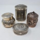 A Victorian silver caddy, Birmingham 1899, 7 cm high, a Dutch silver coloured metal oval box and two