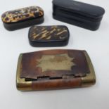 A 19th century treen and brass bound snuff box, 10 cm wide, a snuff box with tortoiseshell lid, 9 cm