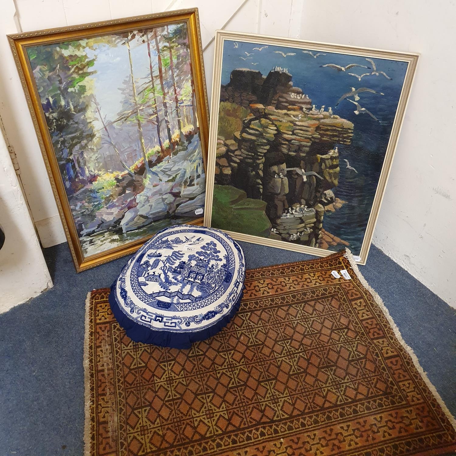 A landscape, mixed media, signature indistinct, another, a red ground Persian rug, a blue and