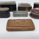 A 19th century treen snuff box, 7.5 cm wide and six other boxes (7)