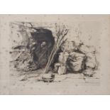 A early 20th century drypoint etching of a baker, indistinctly signed, 24 x 33 cm, another of a bowl