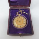 A ladies 18ct gold open face pocket watch, with roman numerals, in a period leather case All in