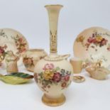 A Royal Worcester blush ivory vase, decorated flowers, date mark for 1895, 16 cm high, other