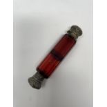 A 19th century double ended cranberry glass scent bottle, with gilt metal mounts, 12 cm wide