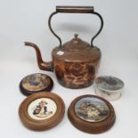 A copper kettle, two Prattware pot lids and various other items (box)