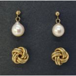 A pair of 9ct gold stud earrings, 2.9 g, and pair of pearl earrings (4)