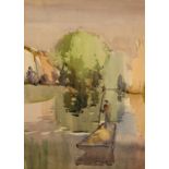 Jack Merriott (British 1901 - 1968), river scene with a figure punting, watercolour, initialled, The