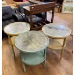 A set of three painted two tier tables, 58 cm diameter, and a mahogany buffet (4)