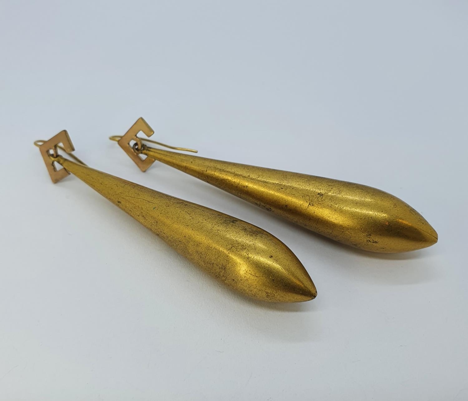 A pair of Victorian gilt metal drop earrings, 8 cm long