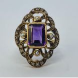 A 9ct gold, amethyst, pearl and diamond ring