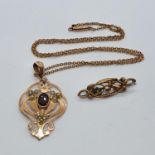 A early 20th century gold, amethyst and seed pearl pendant and chain, and a yellow metal bar