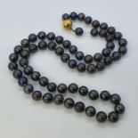 A black cultured pearl necklace, with a 14ct gold clasp