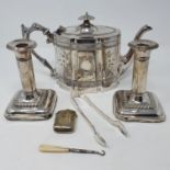 A pair of Edward VII silver candlesticks, Birmingham 1908 and various silver plate (box) Candle