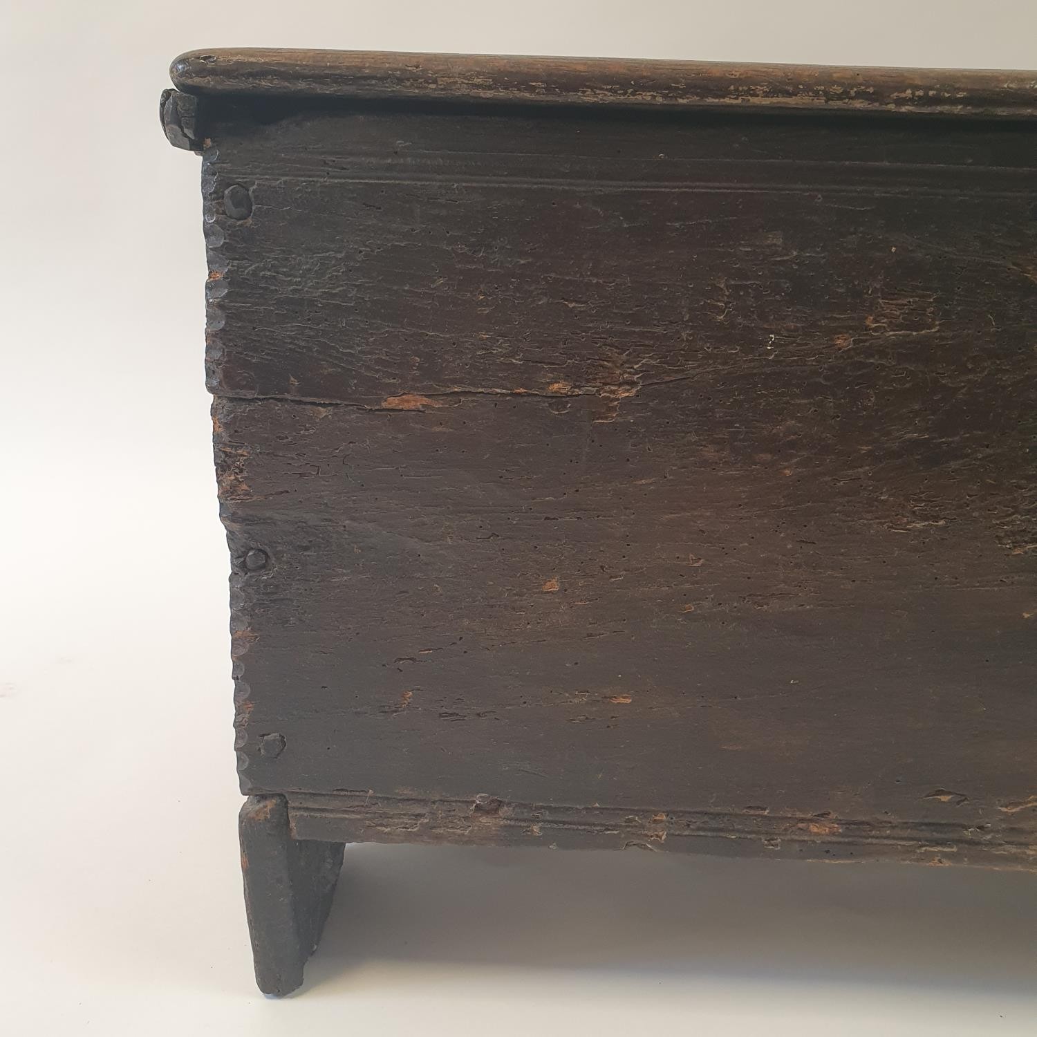 An 18th century oak coffer, 95 cm wide Top split, two large repairs, replaced hinges, various - Image 6 of 7